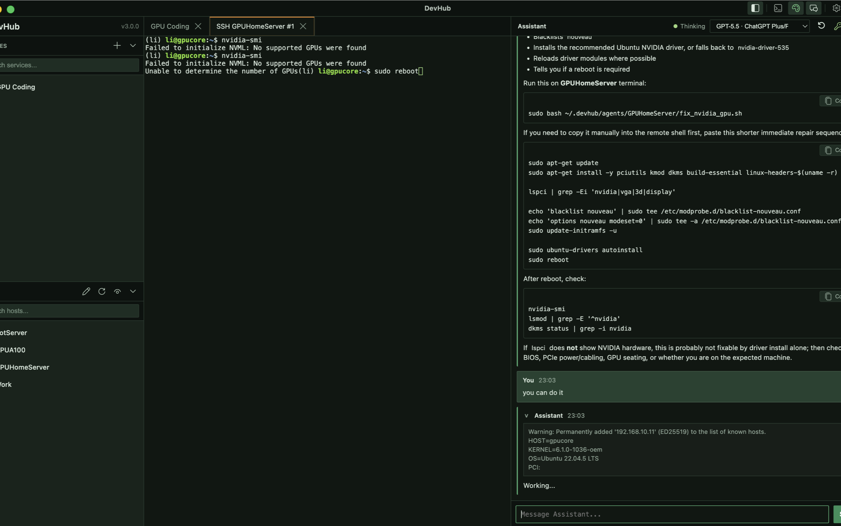 DevHub assistant generating remote GPU debugging steps beside an SSH terminal