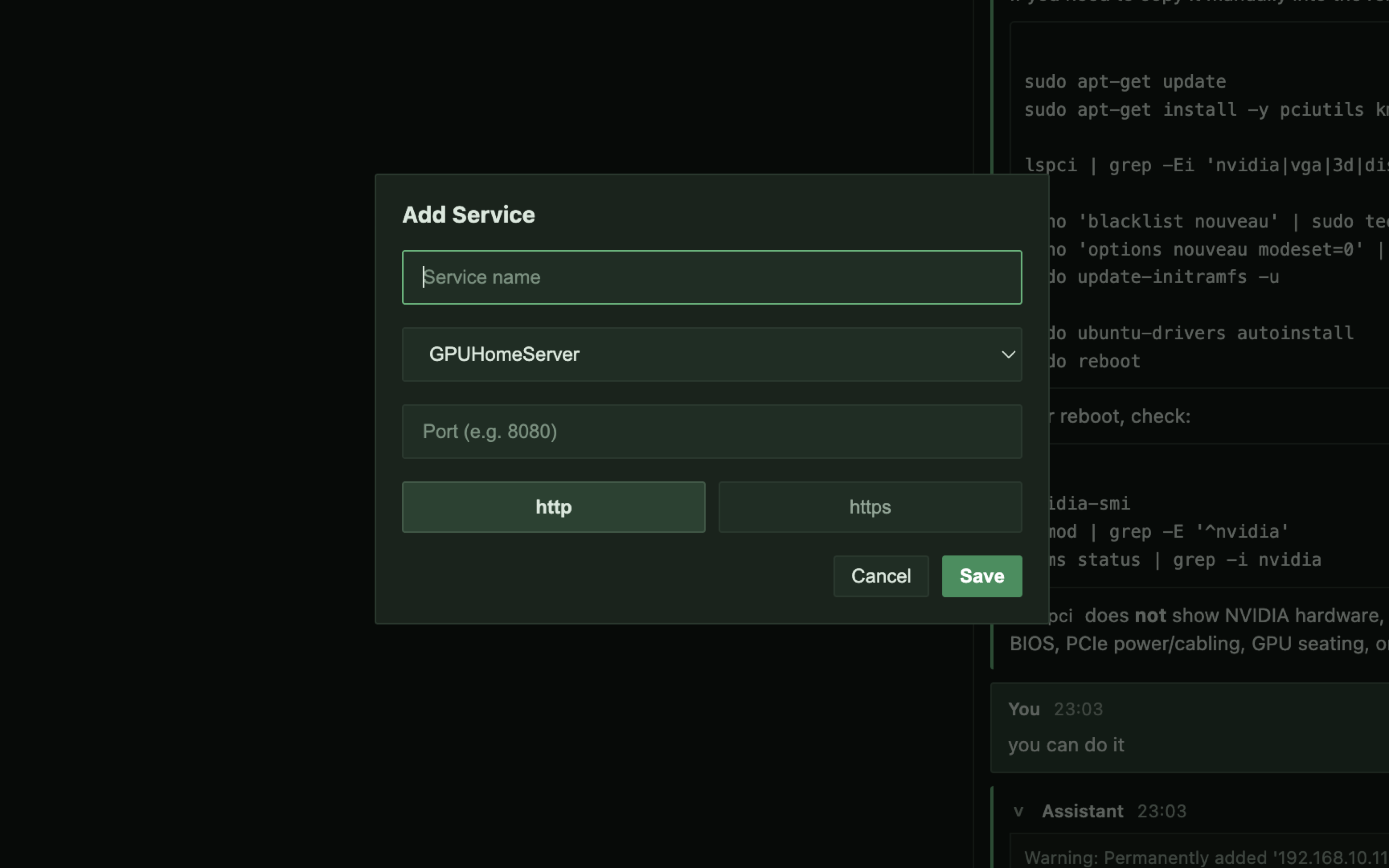 DevHub Add Service form with service name, SSH host, remote port, and protocol