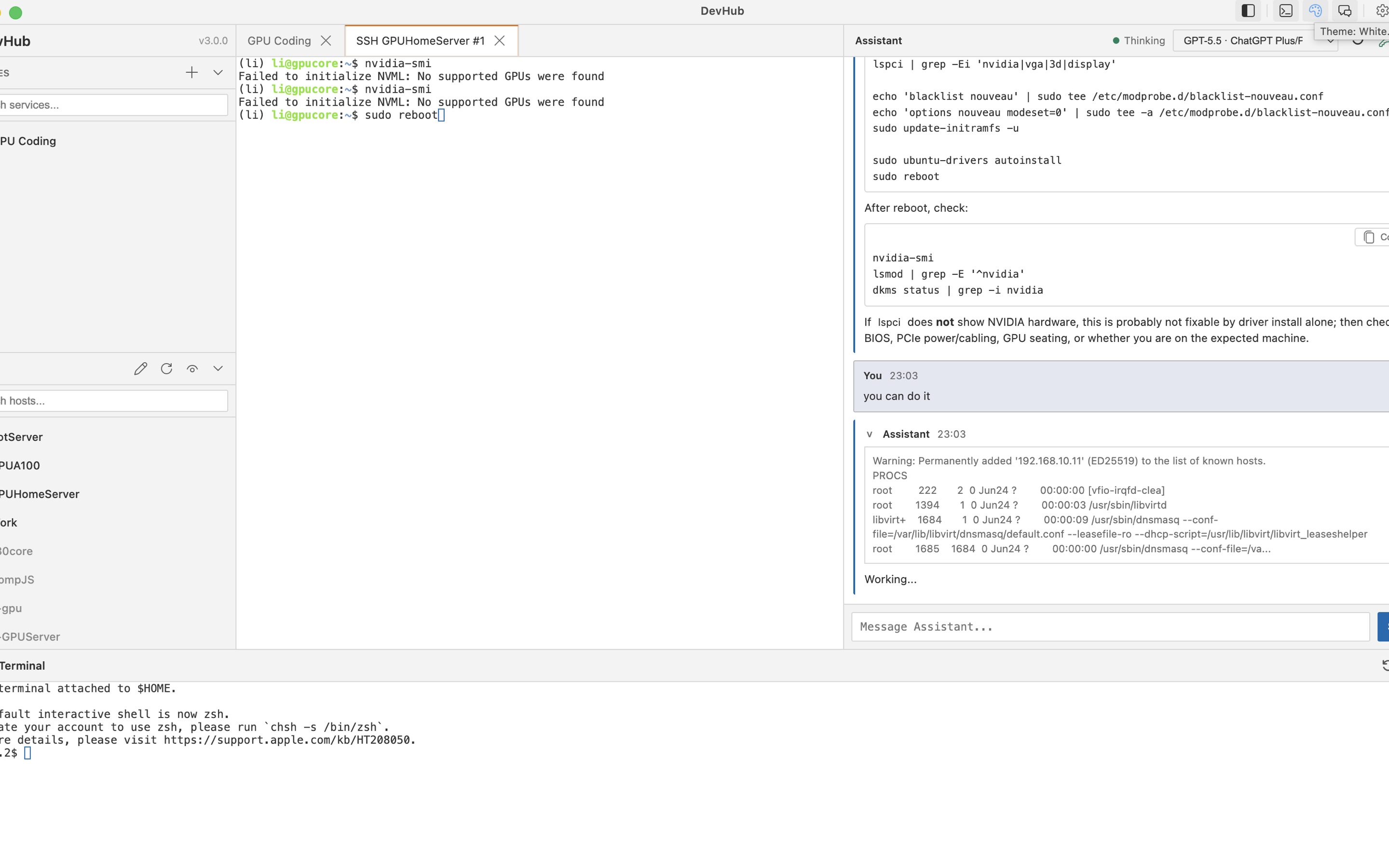 DevHub showing service tabs, SSH terminals, and the assistant in one workspace