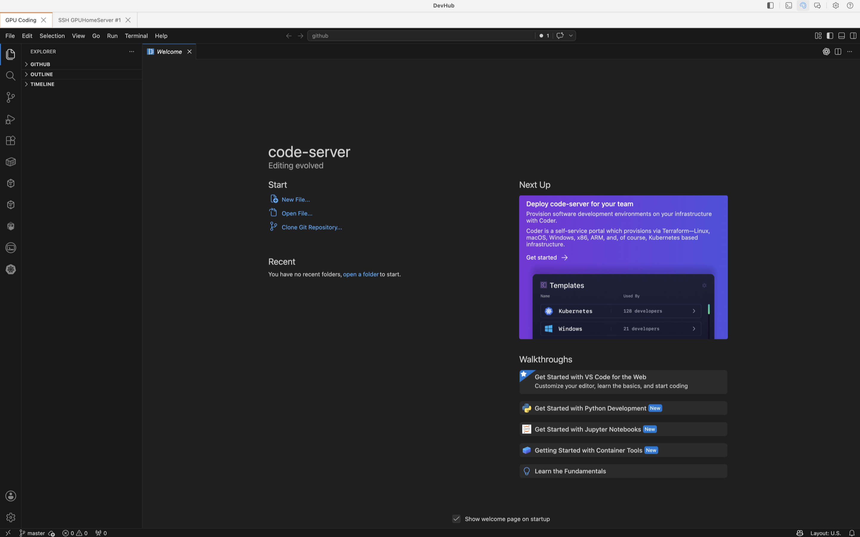 DevHub showing code-server opened as a remote service tab