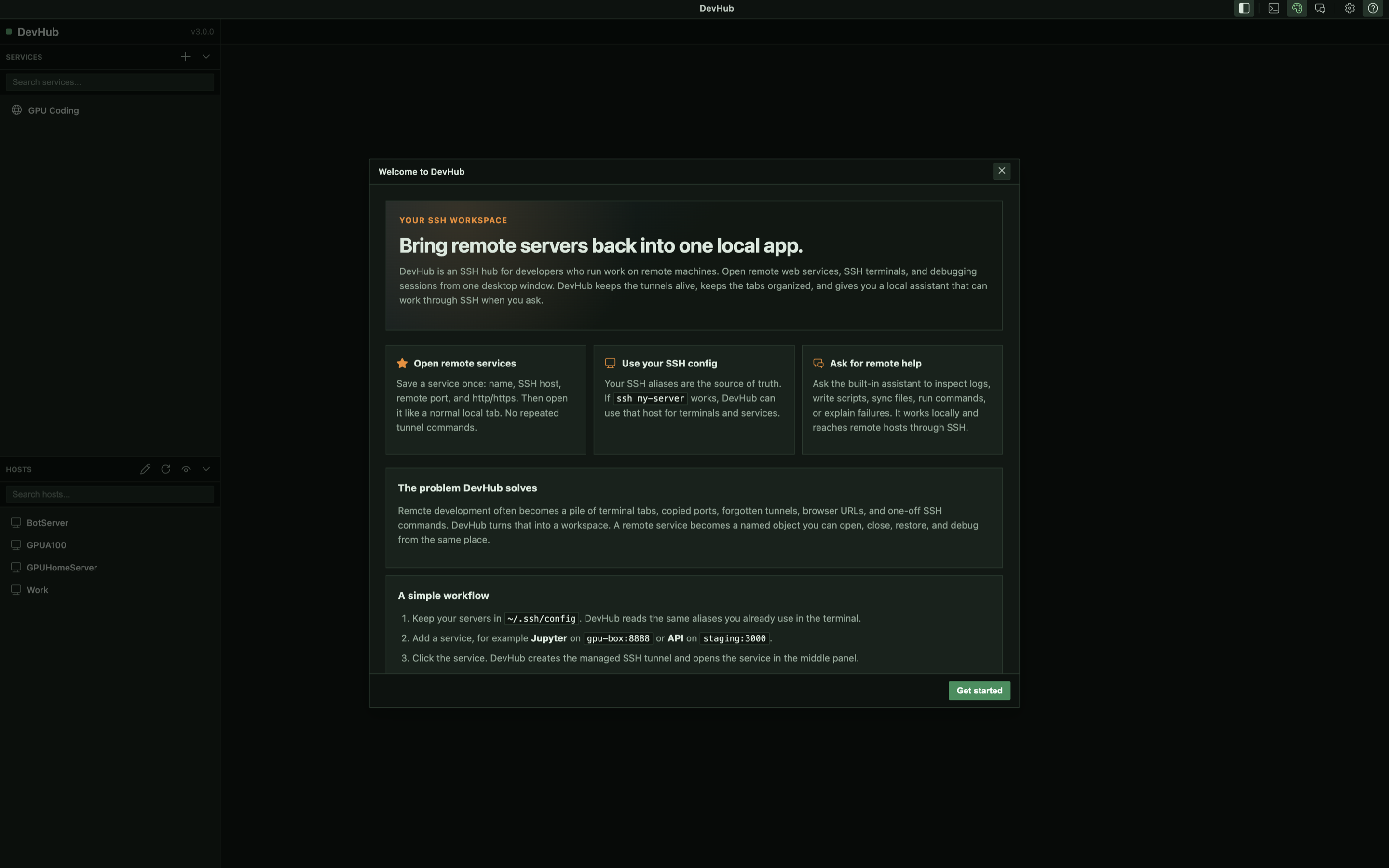 DevHub welcome screen describing SSH workspace and assistant workflow