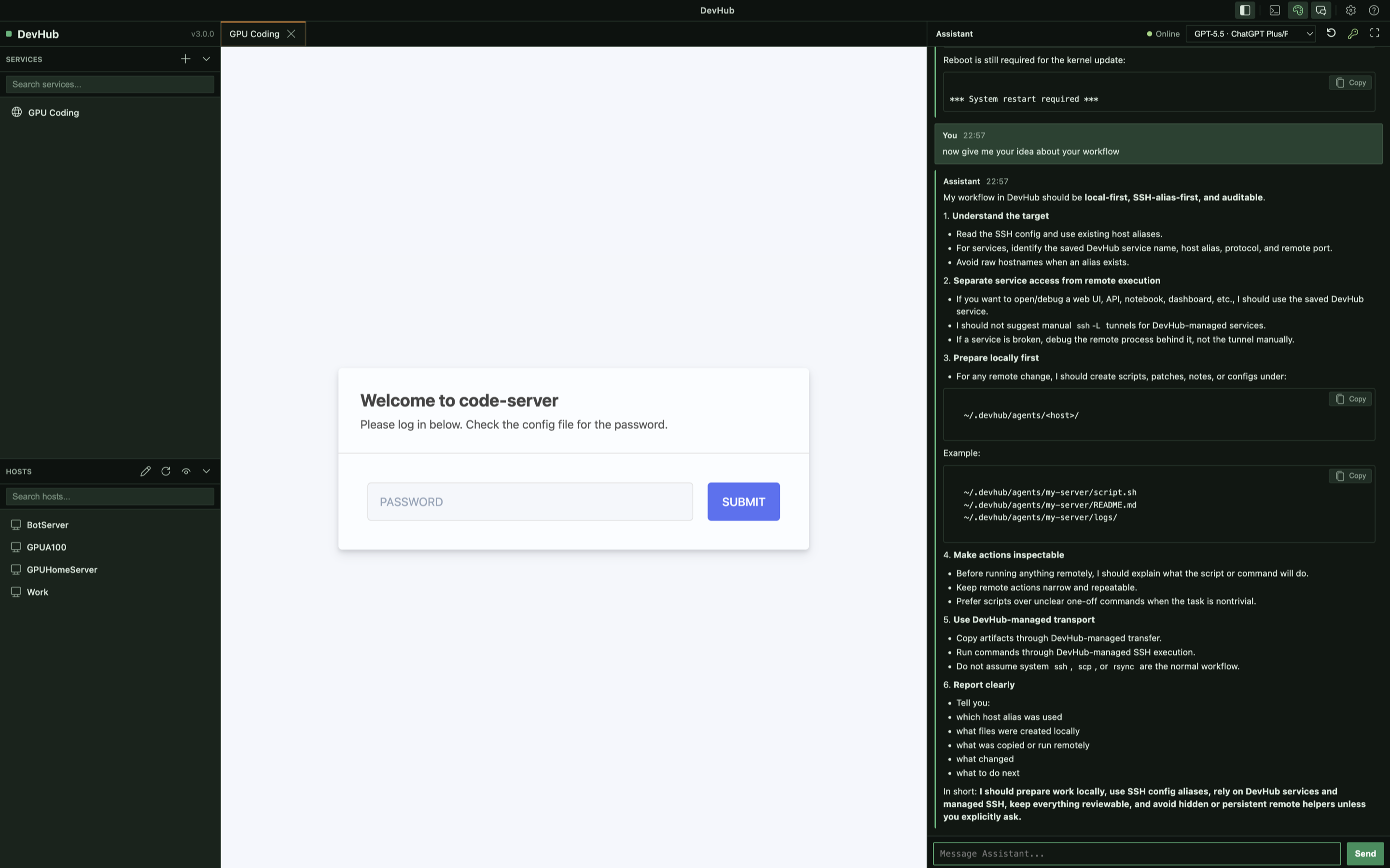 DevHub assistant explaining remote development workflow beside a service tab